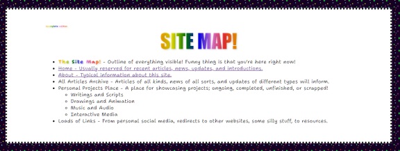 A scaled down JPEG image of a website page. A header says "SITE MAP!" (stylized in all capital letters) with a list below it.